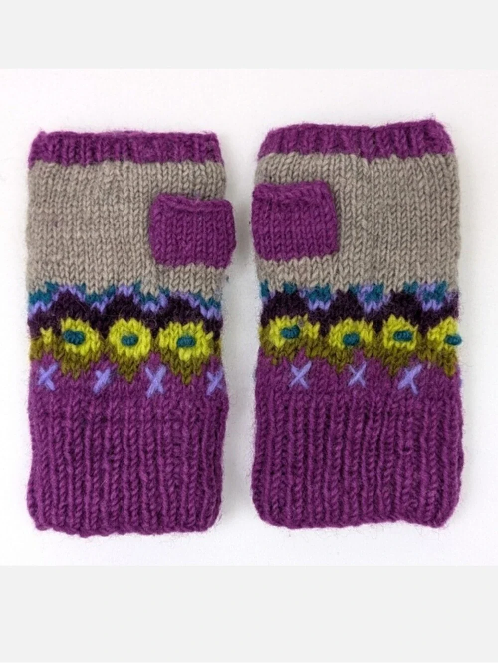 Sundance Lost Horizons Fingerless Mittens Wool Hand Knit Nepal Floral Purple